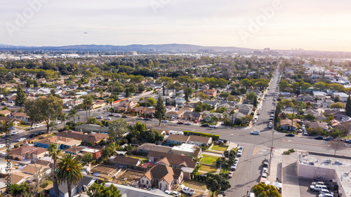 Day time aerial view of a residential area in Santa Ana, California, USA.