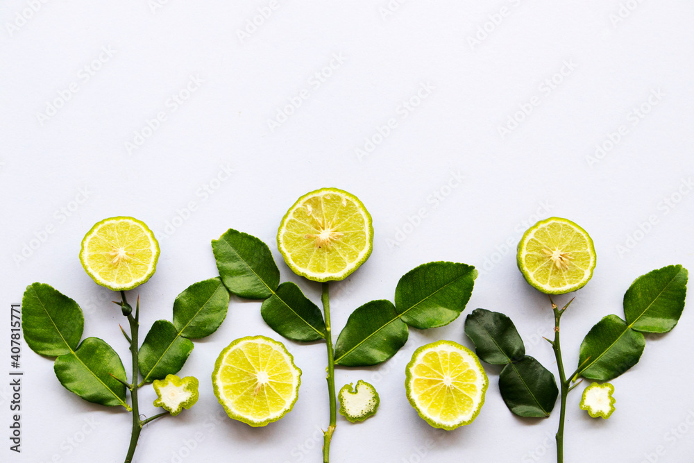 kaffir lime herbal flora local of asia thailand arrangement flat lay style on background white kaffir lime herbal flora local of asia thailand arrangement flat lay style on background white