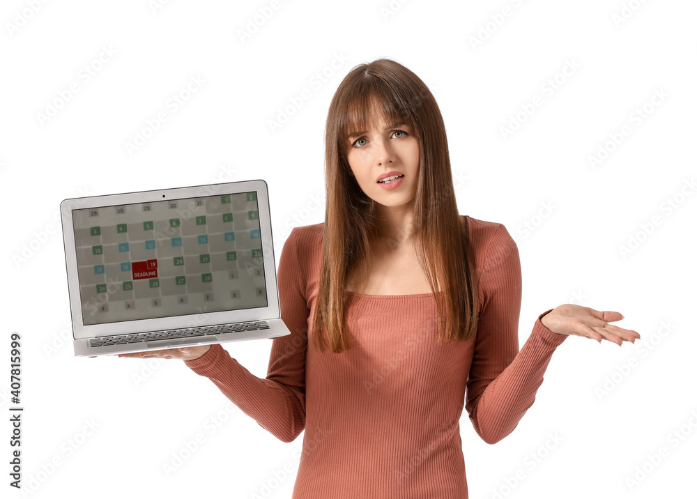 Stressed young woman with laptop on white background. Concept of deadline Stressed young woman with laptop on white background. Concept of deadline