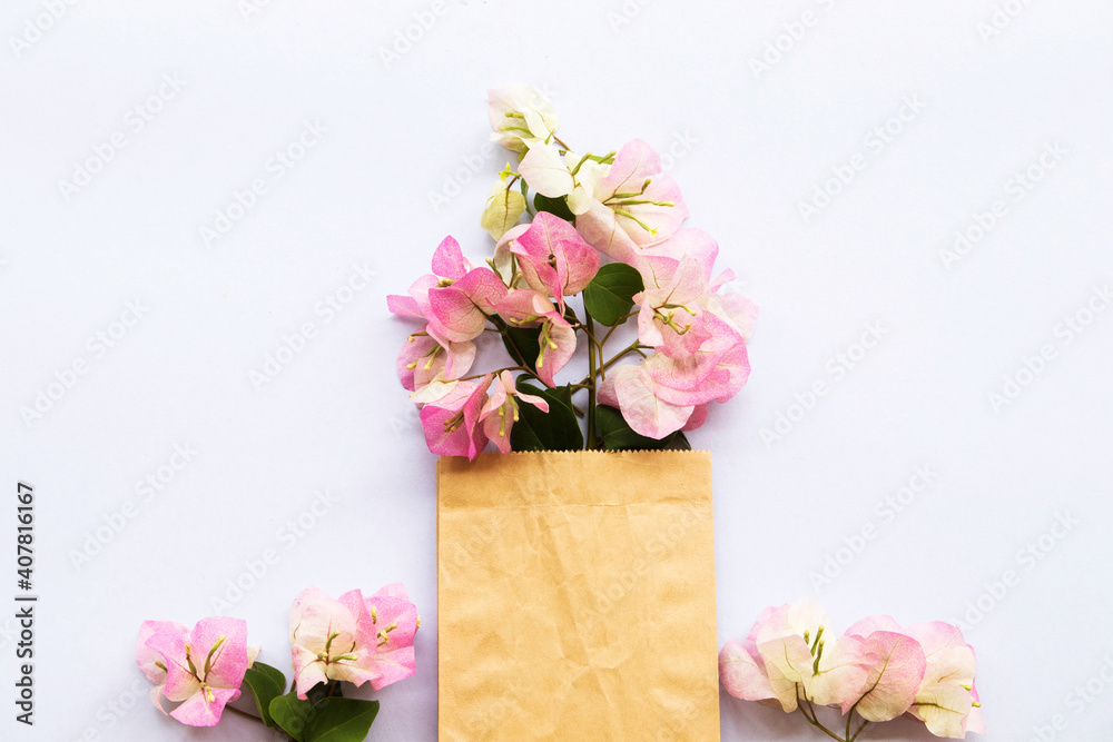 bougainvillea flora local flowers of asia arrangement in brown bag arrangement flat lay style on background white bougainvillea flora local flowers of asia arrangement in brown bag arrangement flat lay style on background white