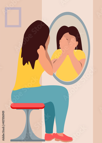 Sad girl looks in the mirror. Flat vector cartoon illustration. Illustration of a teenage girl looking at a mirror horrified about horrified by her reflection.