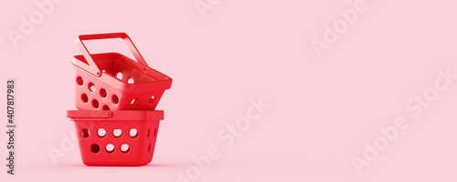 Minimal abstract background for online food and grocery concept. Red empty shopping basket on pink background. 3d rendering illustration. Clipping path of each element included.