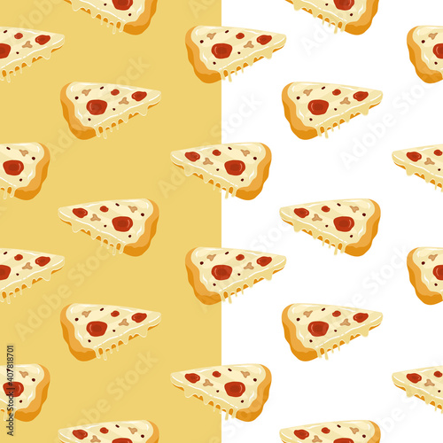 Seamless pizza pattern background vector illustration in flat cartoon style. Delicious cheese pizza with 2 background color variation yellow and white perfect for packaging product, wall sticker etc