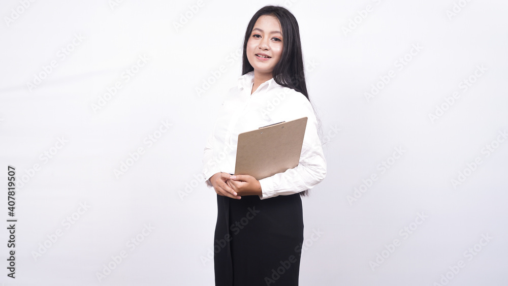 asian business woman hold clipboard isolated white background asian business woman hold clipboard isolated white background