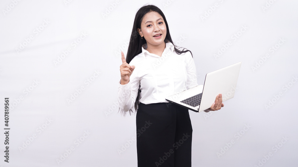 asian woman thingking and get idea isolated white background with laptop asian woman thingking and get idea isolated white background with laptop