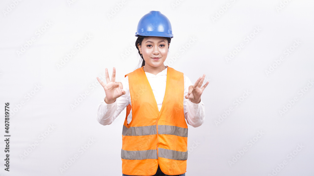asian girl construction engineer isolated white background ok gesture asian girl construction engineer isolated white background ok gesture