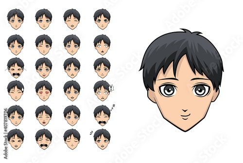 Various Emotion Manga Anime Boy Black Hair Faces Cartoon Set