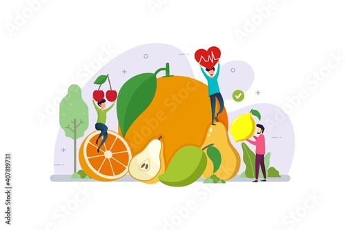 Organic fruit for healthy lifestyle with tiny people design concept vector illustration