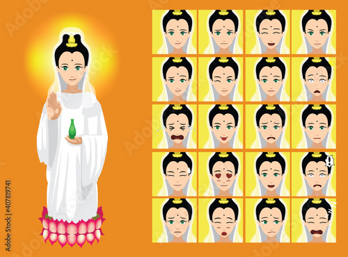 Manga Style Chinese Diety Guan Yin Cartoon Character Emotions