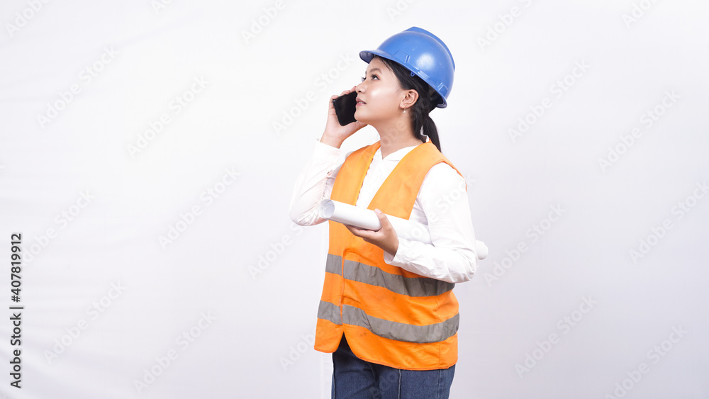 asian worker woman holding with telephone isolated white background asian worker woman holding with telephone isolated white background