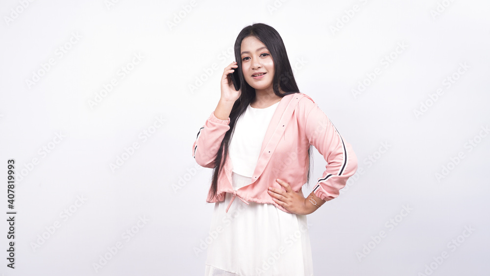 asian woman calling friend isolated white background asian woman calling friend isolated white background