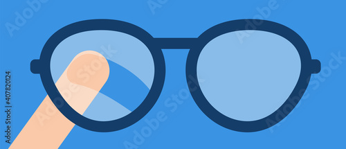 Finger wipes the misted glass of the eyeglasses. Vector flat illustration. Concept of the problem of condensation on glasses for the visually impaired. Lack of hygiene products