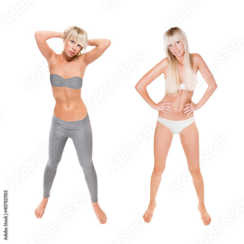 Two full length portraits of a sportive blonde woman wearing gym wear and swimwear, isolated on white studio background