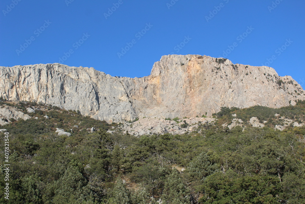 mountains in the mountains with a forest on the background of a clear blue sky in the Crimea