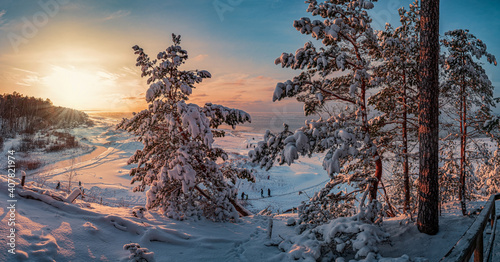 Snowy landscape at sunset, frozen and covered in snow trees in winter