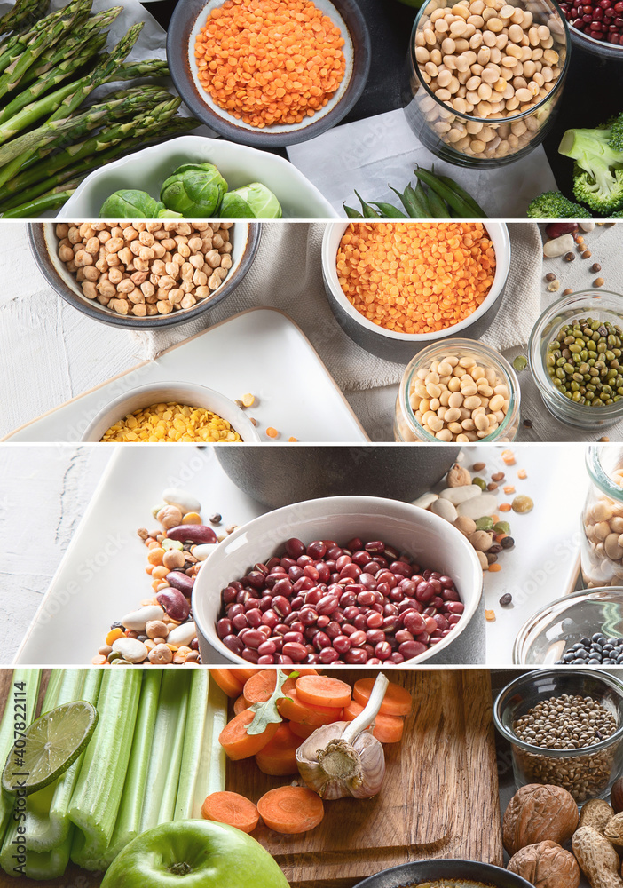 Collage of vegan protein source. Healthy diet vegetarian food.