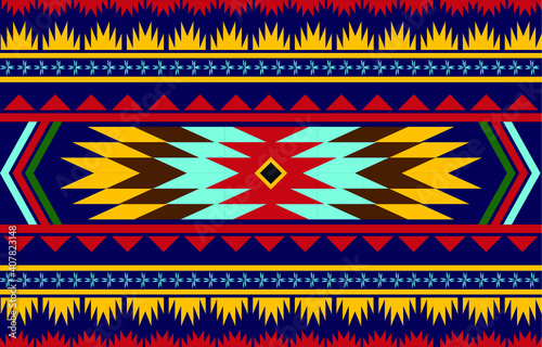 Geometric pattern design African-American native style, pronounced colors of yellow, red, blue, brown and dark blue. And has a flower pattern made from wavy pointed lines.