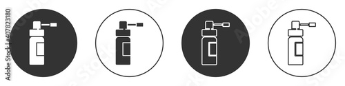 Black Medical bottle with nozzle spray for the treatment of diseases of the nose and throat icon isolated on white background. Circle button. Vector Illustration.