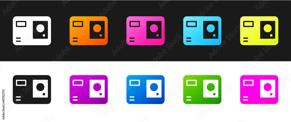 Set Action extreme camera icon isolated on black and white background. Video camera equipment for filming extreme sports. Vector Illustration. Set Action extreme camera icon isolated on black and white background. Video camera equipment for filming extreme sports. Vector Illustration.
