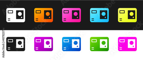 Set Action extreme camera icon isolated on black and white background. Video camera equipment for filming extreme sports. Vector Illustration.