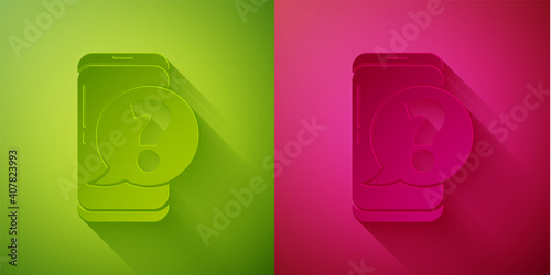 Paper cut Mobile phone with question icon isolated on green and pink background. Paper art style. Vector Illustration.