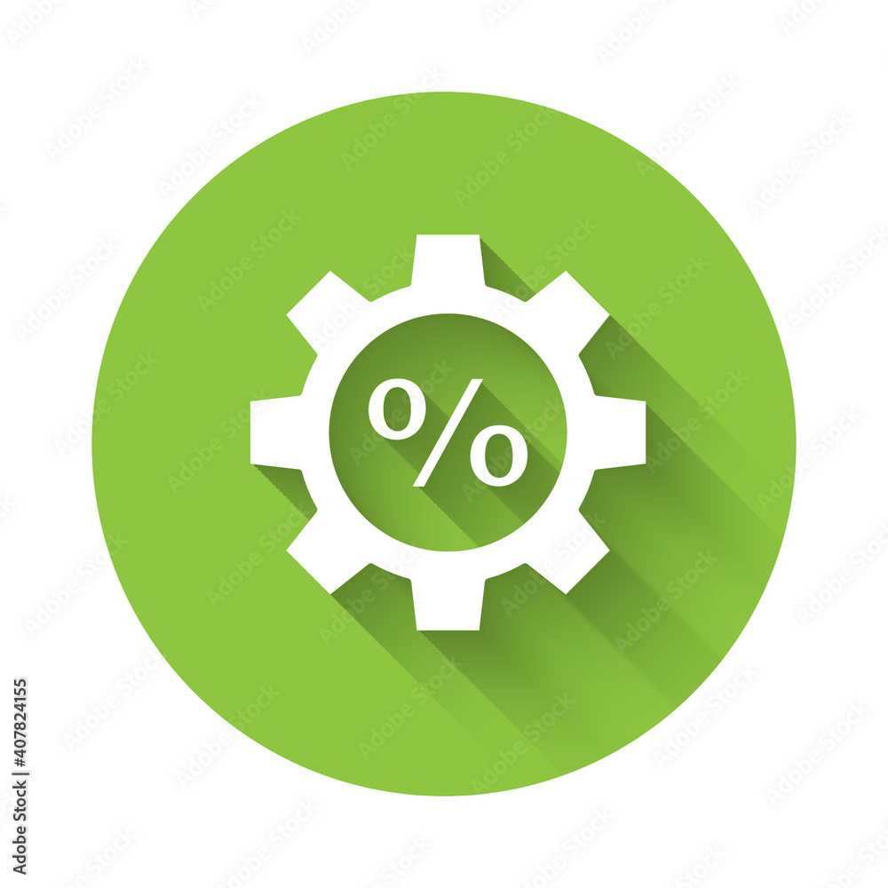White Gear with percent icon isolated with long shadow. Green circle button. Vector Illustration. White Gear with percent icon isolated with long shadow. Green circle button. Vector Illustration.