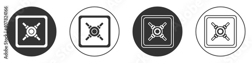 Black Safe icon isolated on white background. The door safe a bank vault with a combination lock. Reliable Data Protection. Circle button. Vector Illustration.