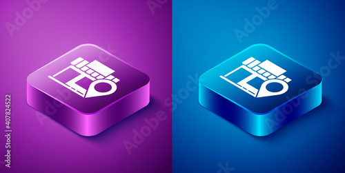 Isometric Location with store icon isolated on blue and purple background. Square button. Vector Illustration.