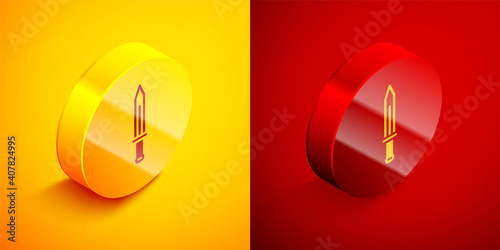Isometric Medieval sword icon isolated on orange and red background. Medieval weapon. Circle button. Vector.