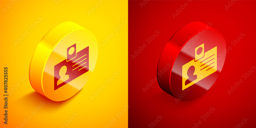 Obraz premium Isometric Identification badge icon isolated on orange and red background. It can be used for presentation, identity of the company, advertising. Circle button. Vector.