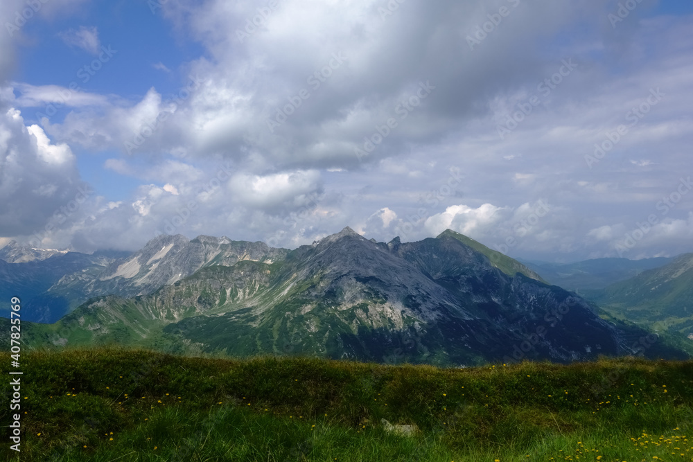 green meadow with grass and yellow flowers with mountains in the background green meadow with grass and yellow flowers with mountains in the background