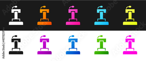 Set Stage stand or debate podium rostrum icon isolated on black and white background. Conference speech tribune. Vector.