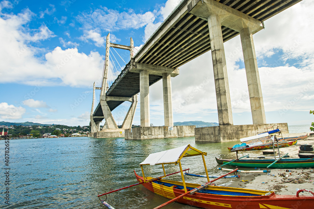 Merah Putih Bridge (Red and White Bridge), landmark and icon of Ambon City, Indonesia Merah Putih Bridge (Red and White Bridge), landmark and icon of Ambon City, Indonesia