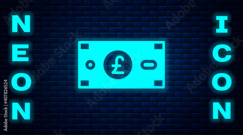 Glowing neon Pound sterling money icon isolated on brick wall background. Pound GBP currency symbol. Vector.