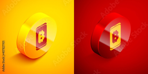 Free Download Isometric Mining bitcoin from mobile icon isolated on orange and red background. Cryptocurrency mining, blockchain technology service. Circle button. Vector. - GFXLoad
