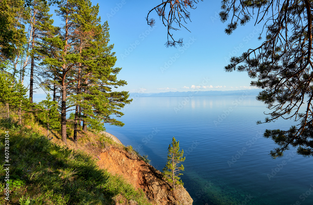 View of Lake Baikal from wooded shore