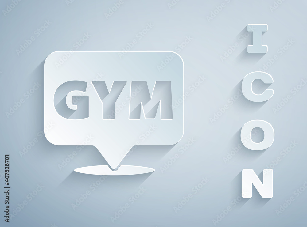 Paper cut Location gym icon isolated on grey background. Paper art style. Vector. Paper cut Location gym icon isolated on grey background. Paper art style. Vector.