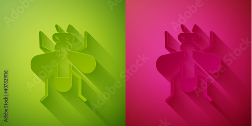 Paper cut Insect fly icon isolated on green and pink background. Paper art style. Vector.