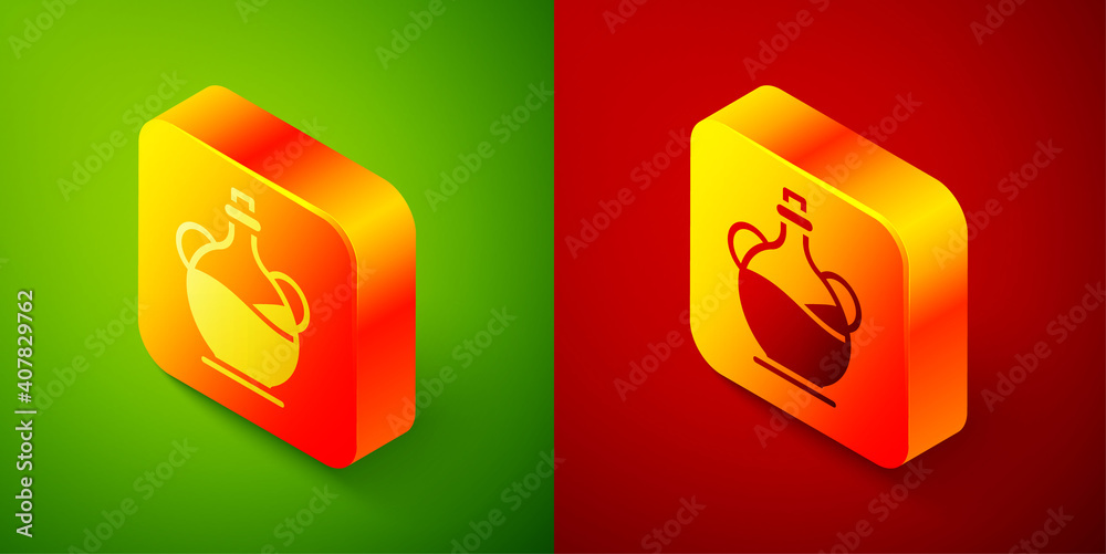 Isometric Bottle of olive oil icon isolated on green and red background. Jug with olive oil icon. Square button. Vector. Isometric Bottle of olive oil icon isolated on green and red background. Jug with olive oil icon. Square button. Vector.