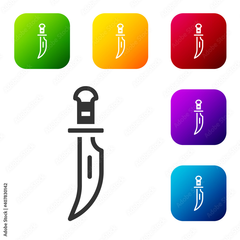Black Dagger icon isolated on white background. Knife icon. Sword with sharp blade. Set icons in color square buttons. Vector. Black Dagger icon isolated on white background. Knife icon. Sword with sharp blade. Set icons in color square buttons. Vector.