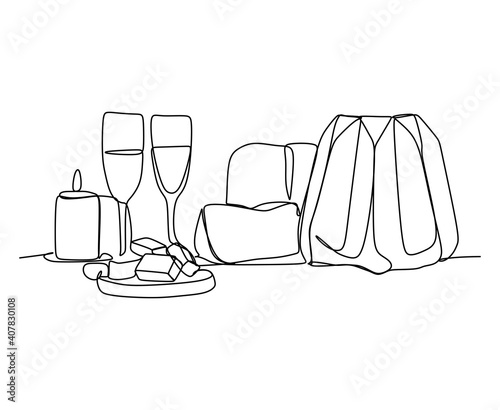 Table with various cookies, tarts, cakes, drinks, cupcakes and cachepots - Continuous one line drawing