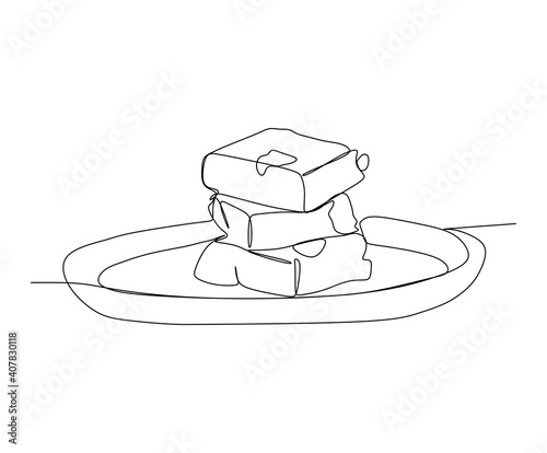 Chocolate brownie with sliced almond nuts toppings isolated on white background - Continuous one line drawing