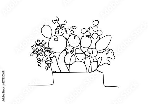 Healthy food clean eating selection: fruit, vegetable, seeds, superfood, cereal, leaf vegetable-Continuous one line drawing