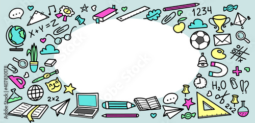 Back to School doodle elements with frame and copy space for text . Vector illustration black line style