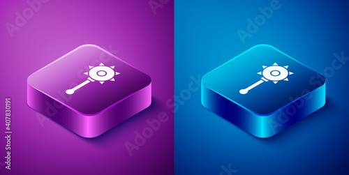 Isometric Medieval chained mace ball icon isolated on blue and purple background. Medieval weapon. Square button. Vector.