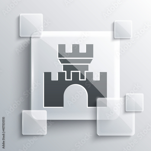 Grey Castle icon isolated on grey background. Medieval fortress with a tower. Protection from enemies. Reliability and defense of the city. Square glass panels. Vector.