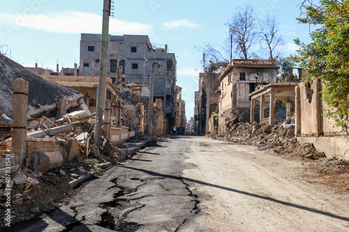 Obraz w ramie Dier Ez Zior city in Syria destroyed by ISIS in 2020 and daily life after 