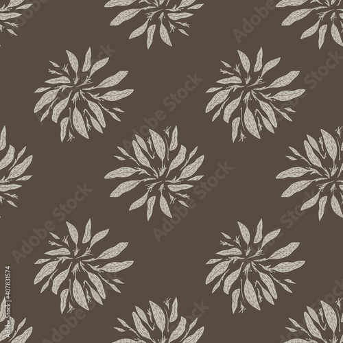 Autumn dark tones seamless pattern with simple grey leaves silhouettes and brown pale background.