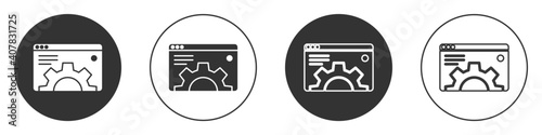 Black Browser setting icon isolated on white background. Adjusting, service, maintenance, repair, fixing. Circle button. Vector.