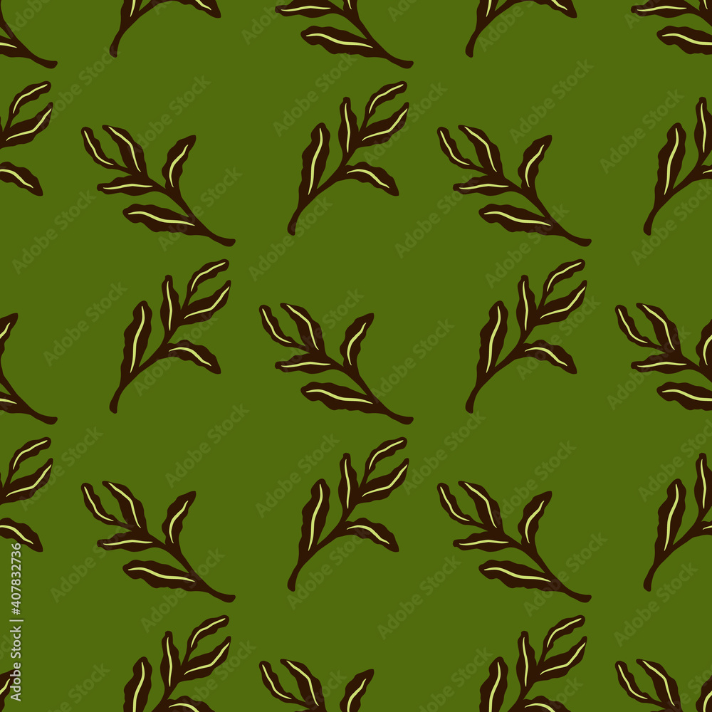 Brown outline leaf branches seamless pattern in hand drawn style. Green background. Simple design.